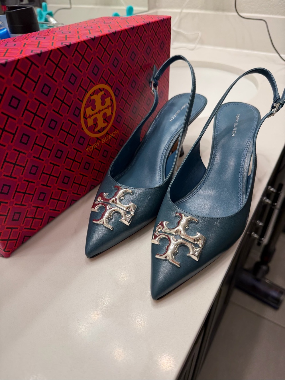 Tory Burch Teal Pointed-Toe Slingback Heels with Silver Logo